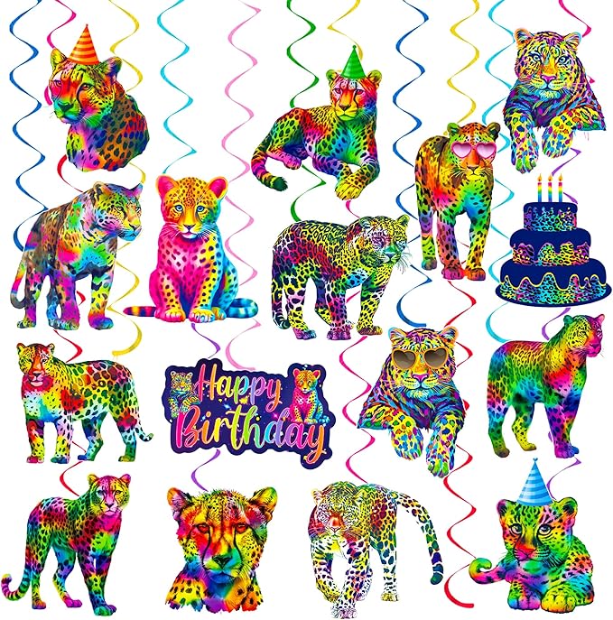 Neon Leopard Hanging Swirls Rainbow Cheetah Birthday Party Decorations 20PCS Neon Cheetah Print Ceiling Swirls Leopard Hanging Streamers for Wild Animals Party Supplies