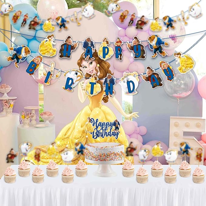"Bauty & The Bast Theme Birthday Party Supplies – Princess Fairy Tale Party Decorations – Includes Happy Birthday Banner, Cake Topper, Cupcake Toppers, Garland & Table Décor for Celebrations"