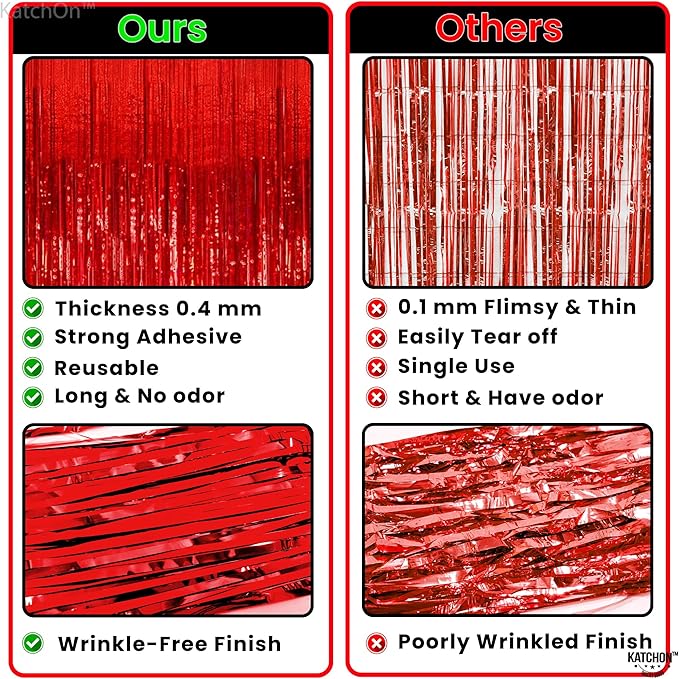 KatchOn, XtraLarge Red Streamers Backdrop - 3.2x8 Feet, Pack of 2 | Red Fringe Backdrop for Valentines Day Decorations | Foil Fringe for Birthday, Carnival, Casino Theme Party Decoration