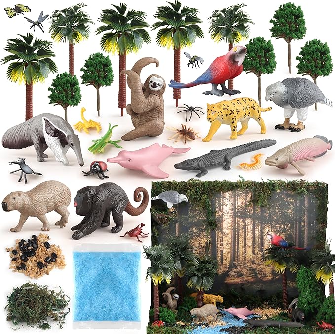 37PCS Rainforest Animals Figures Toys Set, Rainforest Diorama Supplies Include Jungle Animal Figurines,Trees, Moss, Sand, Stones for Kids Historical Education School Project Decoration Birthday
