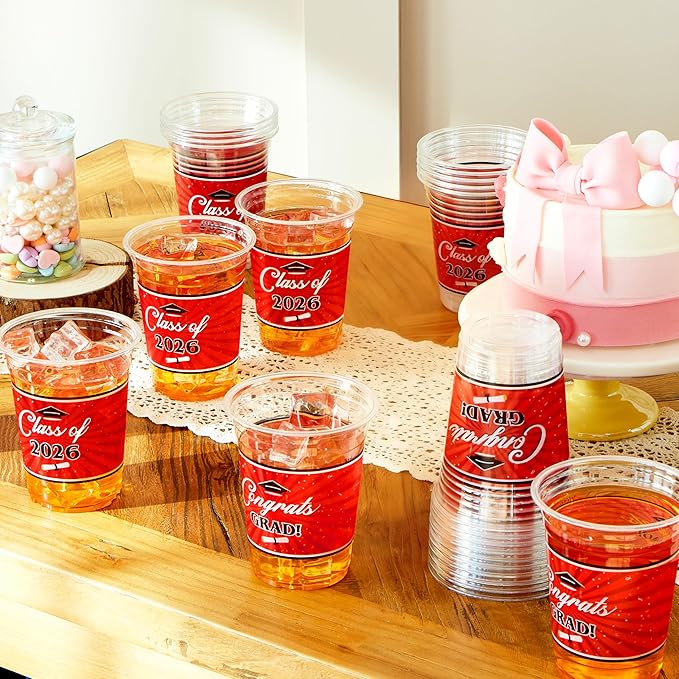 JOYIN 100 Pcs 16oz Graduation Party Plastic Cups (Red), Grad Disposable Cups for Class of 2026 Graduates, PET Cup Tableware Bulk for 2026 High School College Graduation Grad School Party Supply Decor