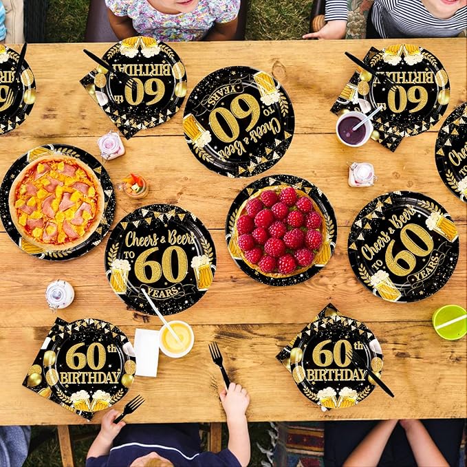 96Pcs 60th Birthday Party Supplies Black Gold Plates and Napkins Tableware Sets Cheers and Beers to 60 Years Decorations Favors for Men Women 60 Years Old Birthday Dinner Holiday Party Serves 24
