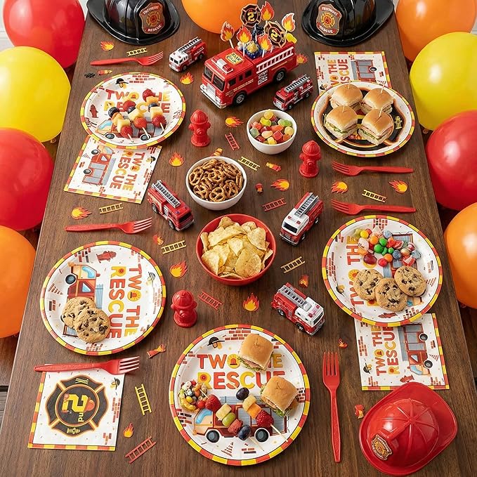 Haooryx Two the Rescue Party Tableware - 96Pcs Firefighter 2nd Birthday Decoration Red Yellow Fire Truck Themed Disposable Plates Napkins Forks for Kids 2 Years Old Birthday Party Table Decor Supply