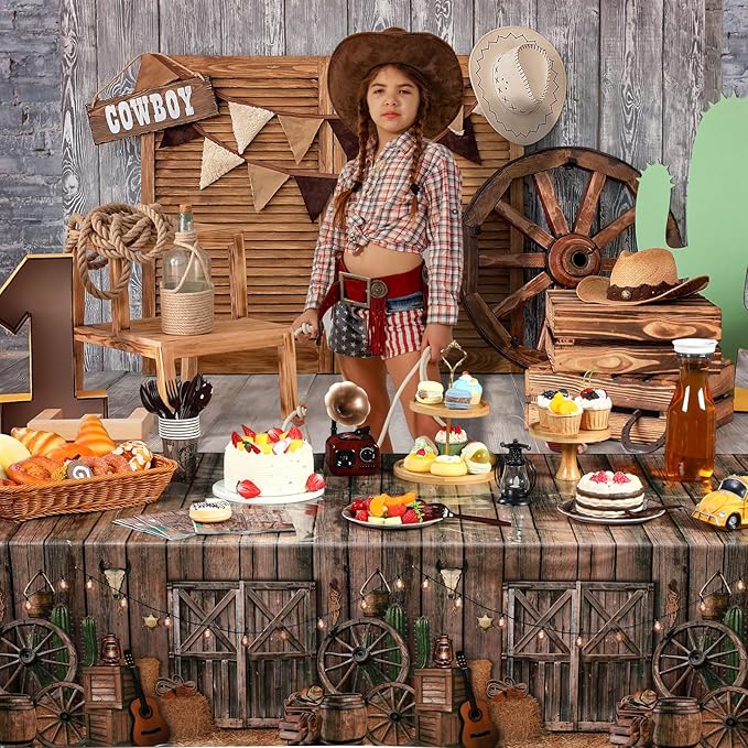 Tiamon 1 Pcs Western Party Tablecloth Western Cowboy Party Table Cover Cowboy Theme Plastic Tablecloth Wild West Wooden House Table Cover for Birthday Supplies