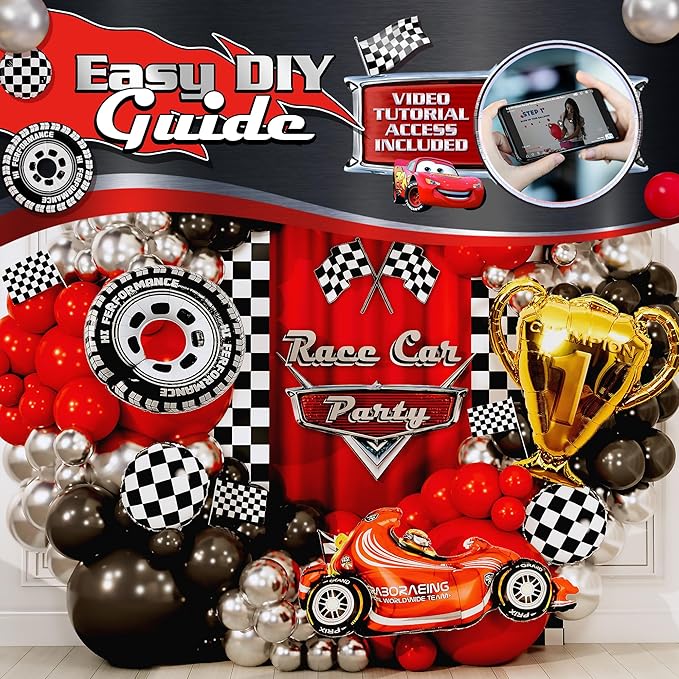 ALL-IN-1 Race Car Balloon Arch Kit with BONUS Trophy & Number 2 - Cars Balloon Garland Kit for Lightning McQueen Cars 2 Birthday Party Supplies & Hot Wheels Balloons RaceCars Decorations