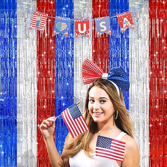 TONIFUL Red White and Blue Tinsel Foil Fringe Curtains,4th of July Decorations Independence Day Photo Booth Backdrop,Metallic Door Streamers for Patriotic Party Memorial Day Labor Day Supplies
