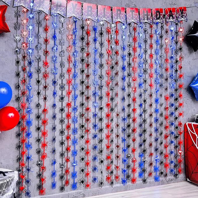 Spider Web Birthday Decorations,2 Pack Red Black and Blue Spider Birthday Party Supplies 3.3 x 6.6ft Tinsel Foil Fringe Curtains Photo Booth Props Backdrop Streamers, House Room Decor for Boys