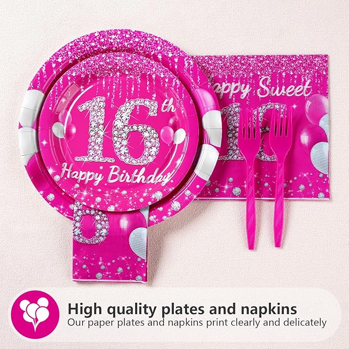 96Pcs 16th Birthday Party Supplies 350 GSM Hot Pink Sweet 16 Plates and Napkins Tableware Sets Sixteenth Birthday Decorations for Girls Happy 16 Years Old Party Favors, Serves 24