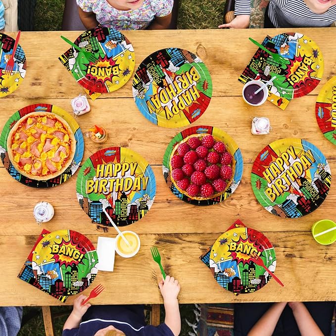Grencian 96Pcs Super Theme Hero Party Supplies Hero's Action Sign Cityscape Plates and Napkins Tableware Sets Colors Comic Hero Decorations for Boys Cartoon Spider Birthday Favors Serve 24