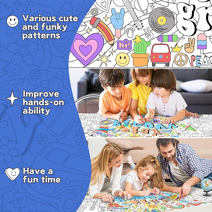 Dvbonike Jumbo Stay Groovy Coloring Poster Retro Hippie Boho Patterns DIY Drawing Color-in Paper Blank Doodle Art Banner 55.1 x 23.6 Inch Decor, School Group Activities for Kids Party Suppiles