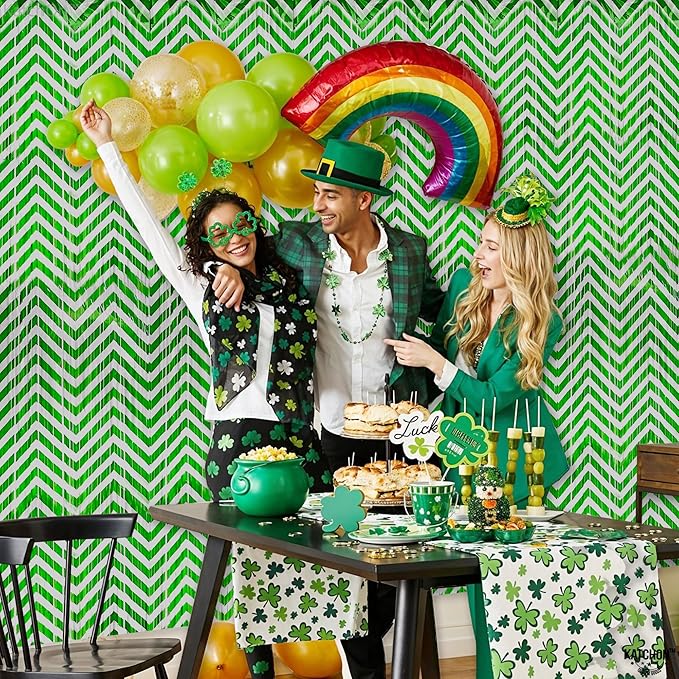 KatchOn, Green and White Foil Fringe Curtains - 6.5x3.25 Feet, Pack of 2 | Green Foil Fringe Curtain for St Patricks Day Decorations, St Patricks Day Backdrop, Saint Patricks Day Decorations