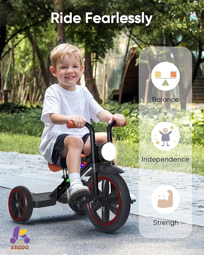 KRIDDO Kids Tricycle, 12 Inch Puncture Free Wheel w Front Light, Adjustable Seat Height, Gift for 2-5 Year Olds, BlackLED