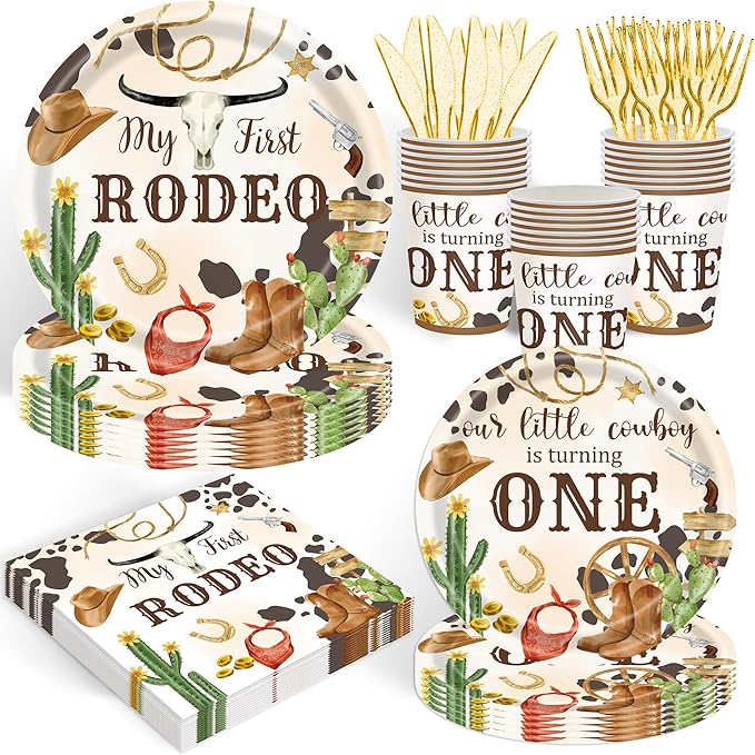 120PCS My First Rodeo Party Supplies Wild West Dinnerware Party Decorations for Boys Kids 1st Birthday Western Cowboy Themed Party Paper Plates Napkins Forks Serves 20 Guests