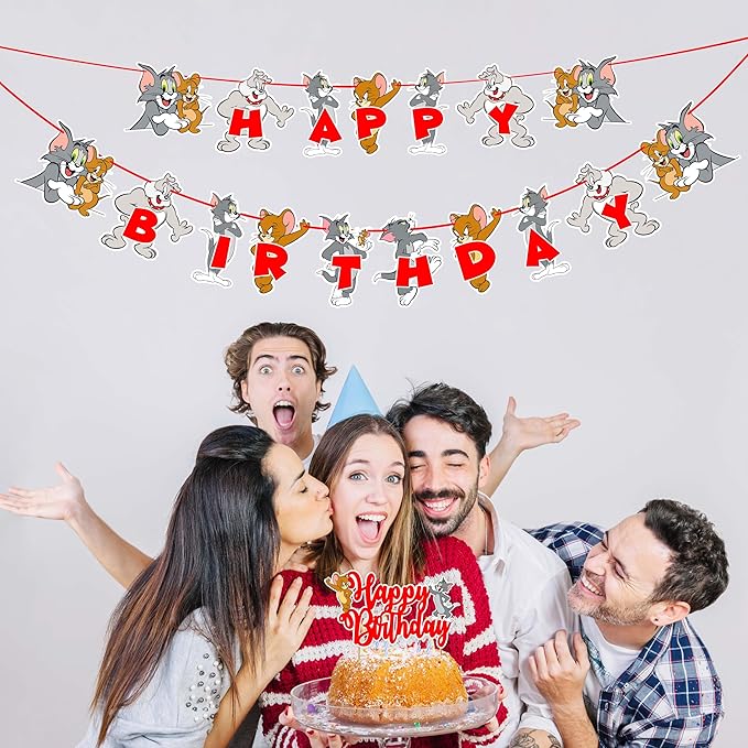 "Tom & Jery Theme Birthday Party Supplies – Cartoon Character – Complete Birthday Decoration Set with Banner, Cake Topper, Cupcake Toppers and Party Accessories for Boys & Girls"