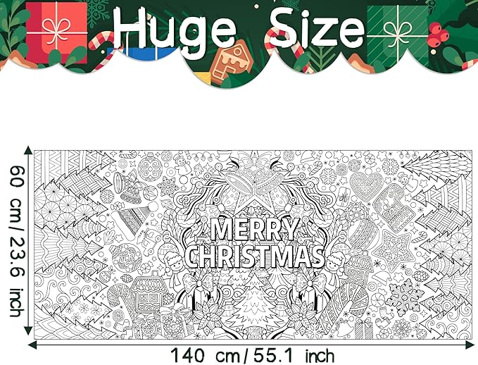 Dvbonike Jumbo Xmas Mandala Coloring Poster Giant Merry Christmas Color-in Paper Poster DIY Drawing Blank Doodle Art Banner 55.1 x 23.6 inch Decoration, Home School Activity Party Supplies for Kids