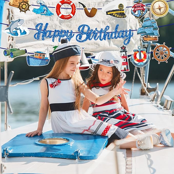 CC HOME 3Pcs Sailing Navigation Happy Birthday Banner Pirate Navy Party Hanging Banner Career Theme Birthday Bridal Wedding Baby Shower Boys Girls Kids Home Classroom Party Supplies Decorations