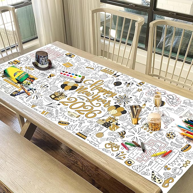 Happy New Year 2026 Coloring Tablecloth, Giant 30x72 Inches Activity Tablecloth with Fireworks and Countdown Designs, Perfect for New Year Party Activities, Party Decoration