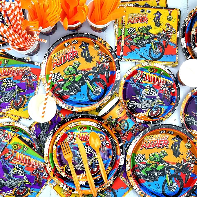 Dirt Bike Party Supplies, Includes Happy Birthday Backdrop, Plate, Napkin, Cups, Cake Toppers, Gift Bags, Tablecloth, for Kids Boys Girls Motorcycle Extreme Sports Theme Birthday Decorations Serve 20