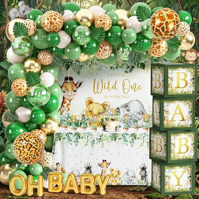 Safari First Birthday Decorations for Boy - 116 Pcs Wild One Birthday Decorations Jungle Theme Party Supplies with Balloon Arch Kit, Wild One Backdrop, Tablecloth and Baby Boxes (Green)