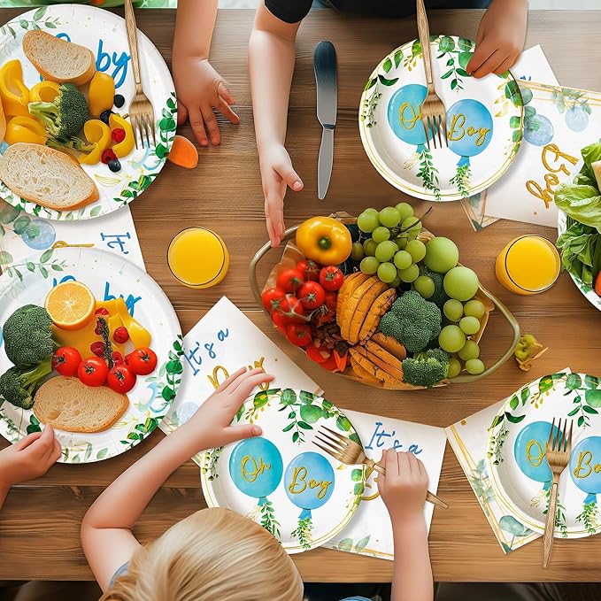 96Pcs It's a Boy Greenery Baby Shower Party Plates Supplies - Sage Green Watercolor Blue Balloon Party Tableware Decorations Disposable Paper Plates Napkins Fork for Birthday, Serves 24 Guests