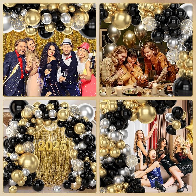 Amandir 153pcs Black and Gold Balloons Arch Garland Kit Different Sizes 18 12 10 5inch Silver Latex Metallic Confetti Graduation Balloons Class of 2026 Decorations Birthday Graduation Party Supplies