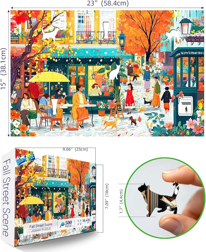 Autumn Cafe Scene Puzzle for Adults 500 Pieces Colorful Street Jigsaw Puzzle with Letters on Back Fall City Street Landscape Challenging Puzzle Ideal for Family Game Nights & Seniors (23''×15'')