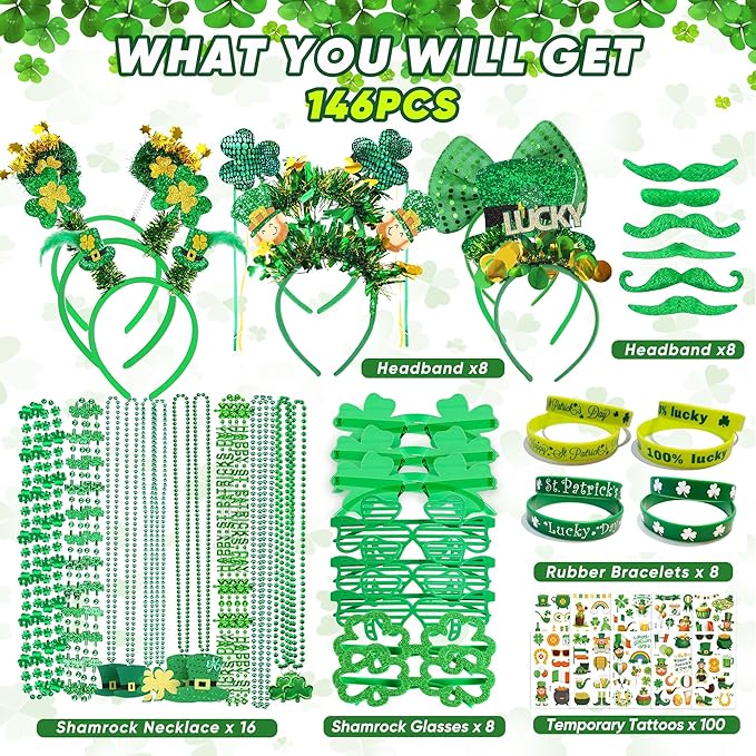 146 PCS St. Patrick's Day Accessories Party Favor Set, Shamrock Headbands, Clover Glasses, Bead Necklaces, Rubber Bracelets, Temporary Tattoos & Mustaches, Irish Green St Patrick’s Day Party Supplies