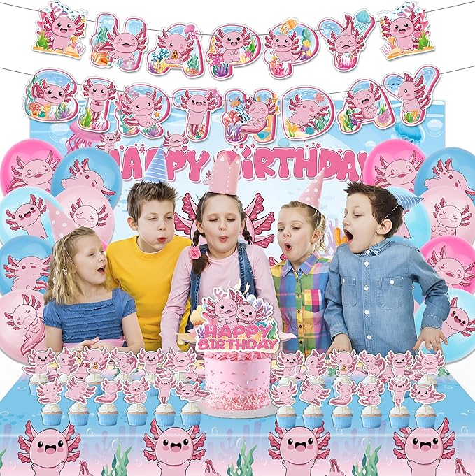 44Pcs Axolotl Birthday Party Supplies Include Happy Birthday Banner-Backdrop-Tablecloth-Balloons-Cake Topper-Cupcake Toppers for Axolotl Party Decorations