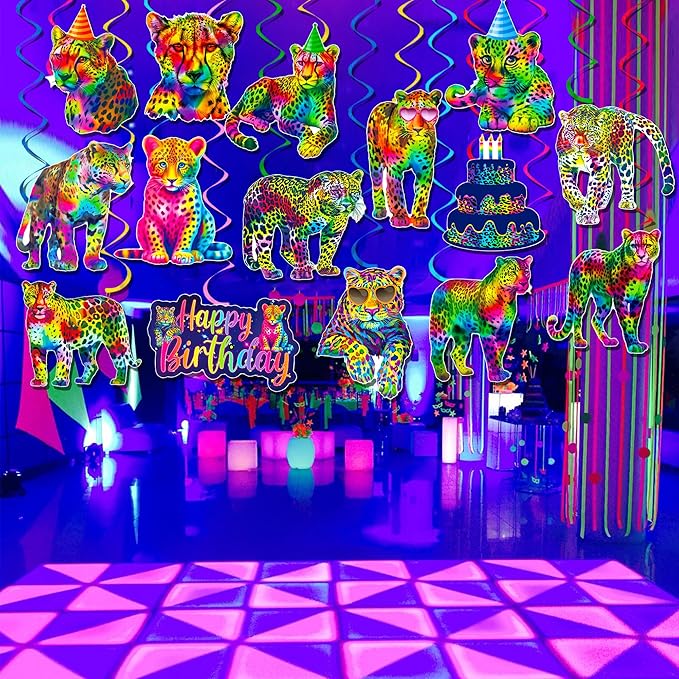 Neon Leopard Hanging Swirls Rainbow Cheetah Birthday Party Decorations 20PCS Neon Cheetah Print Ceiling Swirls Leopard Hanging Streamers for Wild Animals Party Supplies