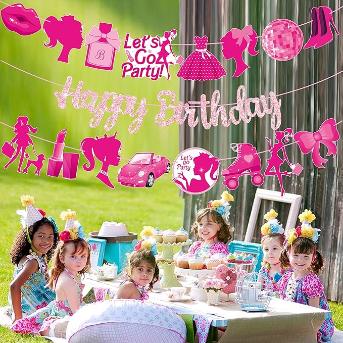 3Pcs Hot Pink Girl Happy Birthday Banners Glitter Hot Pink Princess Birthday Party Decorations for Girls Doll Theme Baby Shower Ladies Bachelorette Party Supplies