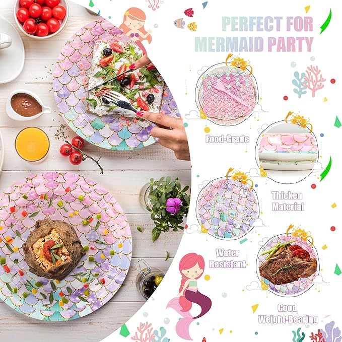CANREVEL 96 PCS Mermaid Party Plates & Napkins Set, Serve 24, Disposable Tableware for Mermaid Party Supplies Decorations for Girl Kid Women Adult