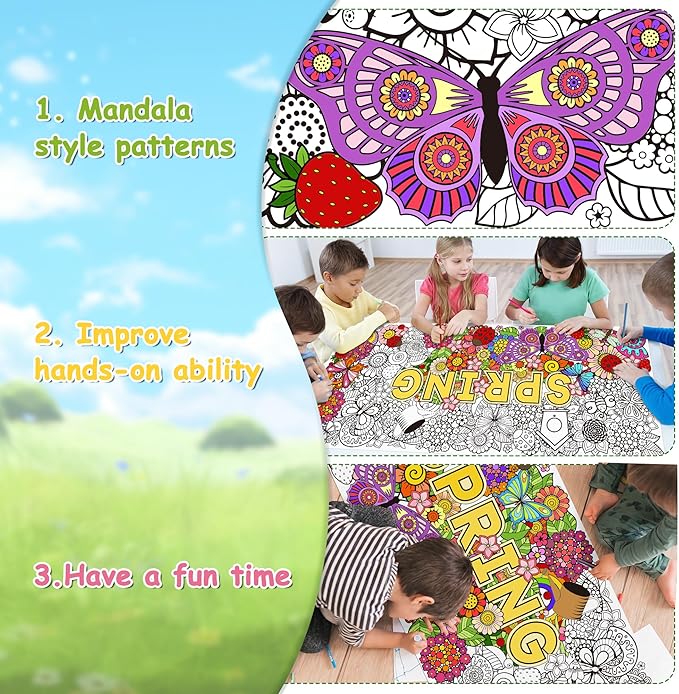 Dvbonike Jumbo Spring Mandala Coloring Poster Giant Flower Butterfly Color-in Paper Poster DIY Drawing Blank Doodle Art Banner 55 x 24 inch Decoration, Home School Activity Party Supplies for Kids