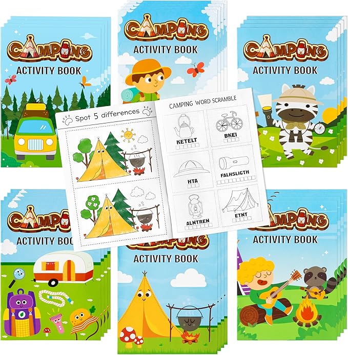 24Pcs Travel Camping Activity Books - Happy Camper Mini Fun Games Coloring Book Bulk Party Favors Goodie Bags Stuffers for Birthday Classroom School Students Rewards Supplies