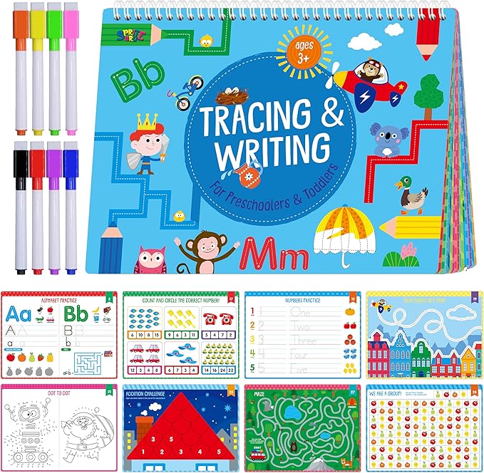 Alphabet & Numbers Handwriting Workbook, 30 Dry-Erase Activity Pages Letter and Number Tracing Practice for Preschool, Fun Mini Games Autism Busy Book for Kids, Toddlers, Educational Toy for Ages 3+