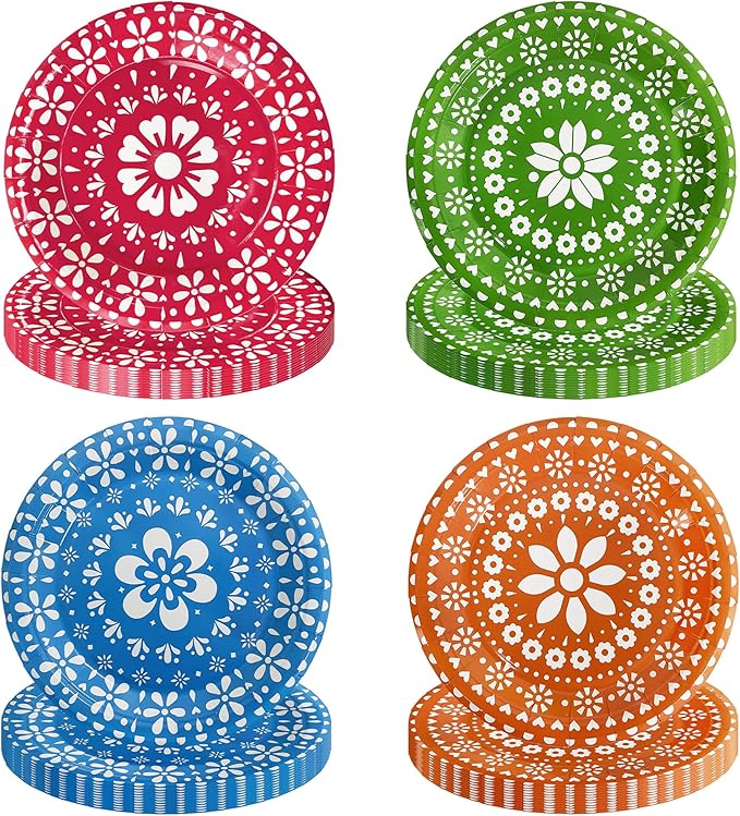 48PCS Fiesta Party Plates, 7 Inch Fiesta Paper Plates Cinco De Mayo Decorations Mexican Theme Party Decorations Supplies for Taco Birthday Baby Shower
