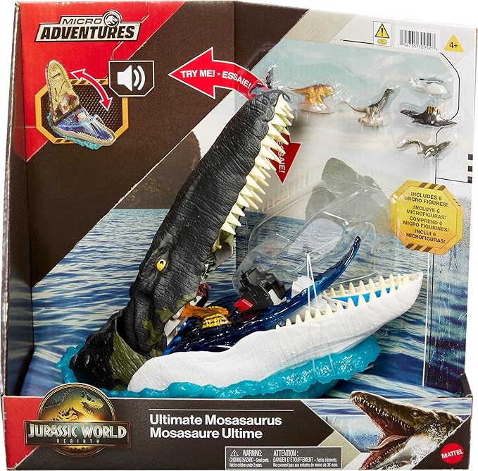 Jurassic World Mattel Jurassic World Rebirth Deluxe Mosasaurus Playset with 7 Interactive Features, 7 Sound Effects & 6 Micro Figures, Folds Up to Carry & Store