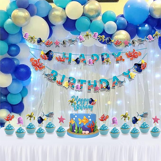 "Findng Nmo Theme Birthday Party Supplies – Under the Sea Decorations for Boys Girls – Includes Birthday Banner, Cake Topper, Cupcake Toppers, Garland & Ocean Party Décor Set"