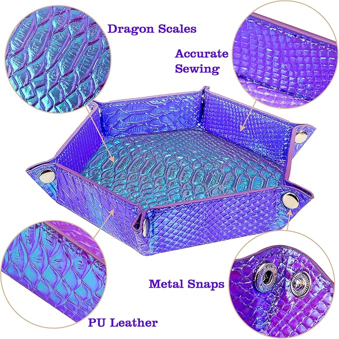 SIQUK 2 Pieces Mermaid Dice Tray PU Leather Dice Trays Portable Folding Hexagon Dice Roller Tray for Dice Games Like RPG, DND and Other Table Games (Violet, Light Violet)