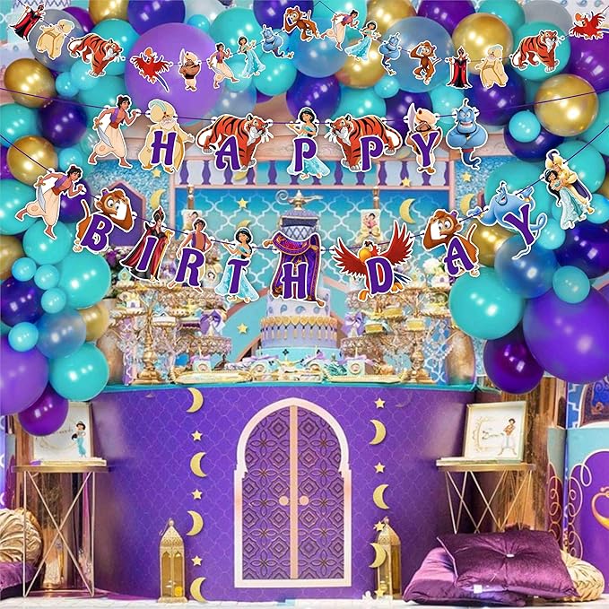 Aladn Theme Party Decorations - Arabian Princess Birthday Decor, Magic Lamp Genie Inspired Party Supplies, Desert Palace Theme Birthday Banner, Cake Topper & Dessert Table Decorations