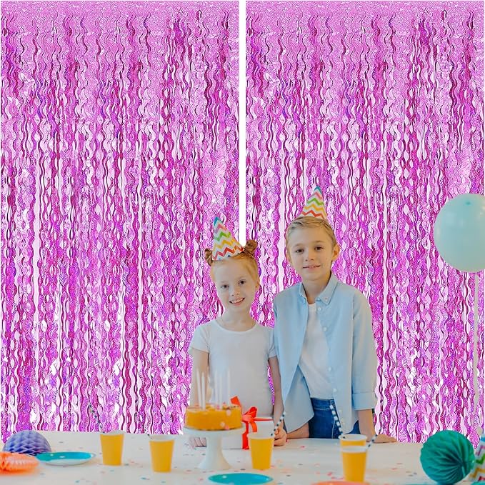 2 Pack Pink Wavy Foil Fringe Curtains, 3.3x6.6 Ft Metallic Tinsel Wavy Backdrop Party Decorations Door Pink Streamers for Birthday Wedding Engagement Decor,Party Supplies