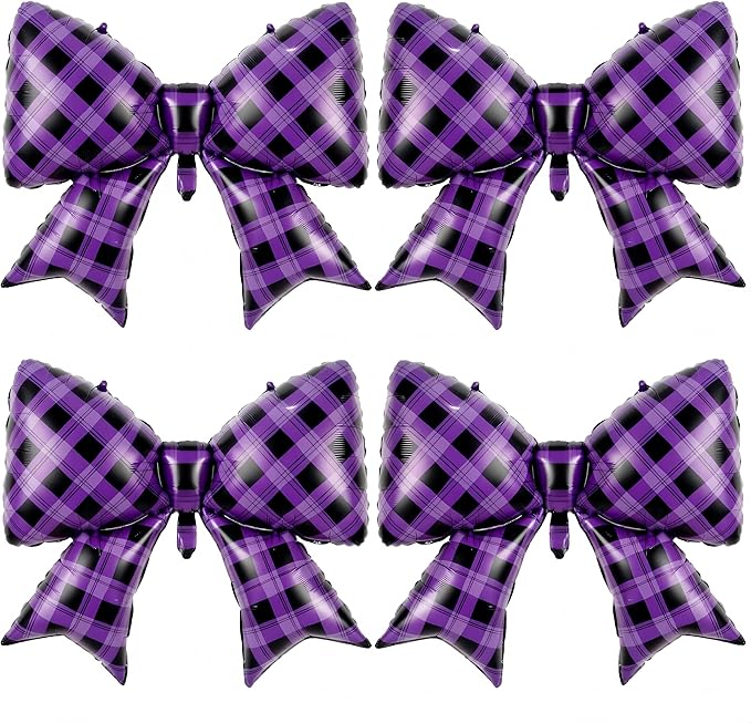 4Pcs Purple Black Gingham Bow Foil Balloons/Purple Plaid Checkered Bow Balloon for Korean Idol Demon Hunters Party, Bad Girl Showgirl Decor, Wednesday Ad*dam*s，Disco Cowgirl, Girls Night Out, Kurumi