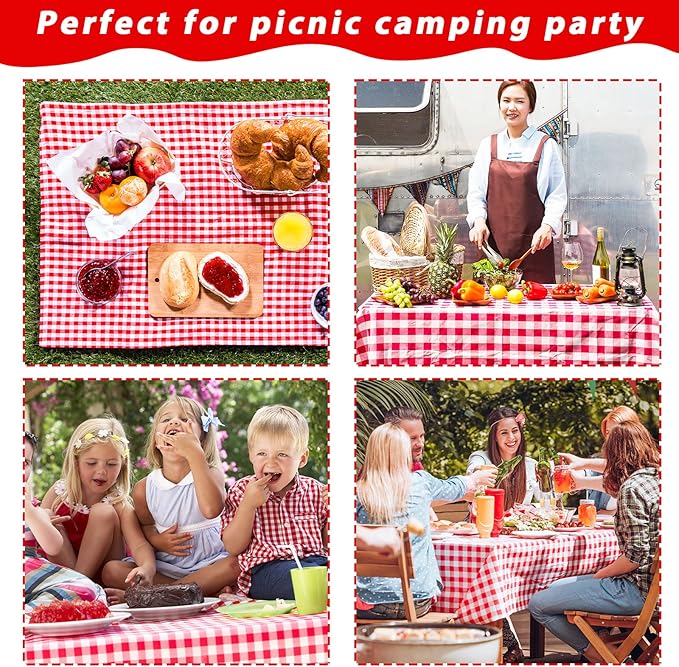 Red and White Checkered Tablecloth Roll 52 in x 100 Ft Red Checkered Picnic Party Supplies Camping Party Tablecloth for Indoor Outdoor Events Family Banquet Parties and Celebrations（Plastic ）