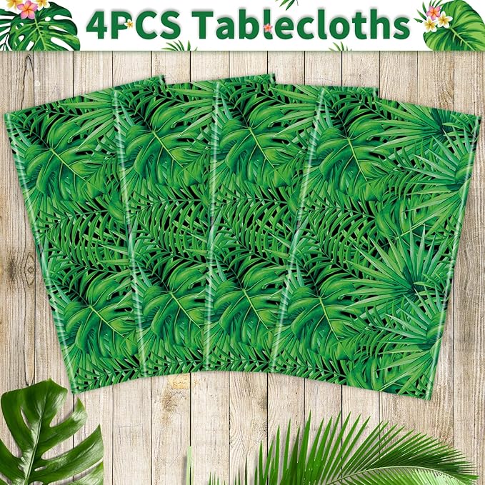 4 Pack Jungle Tablecloths Hawaiian Luau Tropical Palm Leaves Table Cloth Safari Theme Tablecloth Aloha Table Covers Safari Jungle Party Decorations Party Supplies 86 x 51 Inch (4)