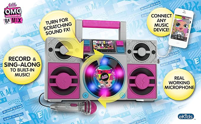 LOL Surprise OMG Remix Karaoke Machine Sing Along Boombox with Real Karaoke Microphone for Kids, Built in Music, Flashing Lights, Record, Turntable with Sound Effects, Connect Device