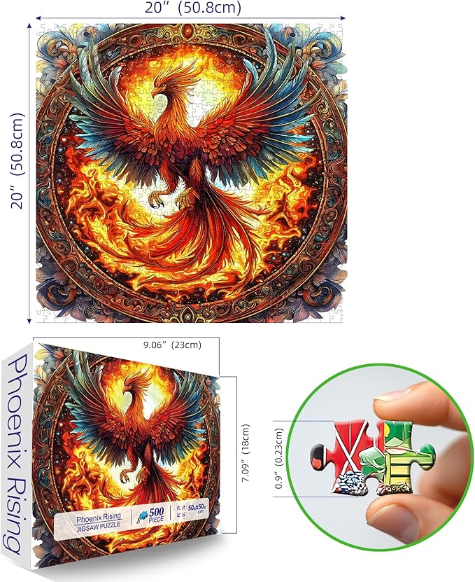 Puzzles for Adults 500 Pieces, Mythical Fiery Phoenix Ornate Round Jigsaw Puzzle, Challenging Fantasy Art Puzzle, Home Wall Decor Gift for Mythology Lovers Puzzle Enthusiasts 20x20 Inch