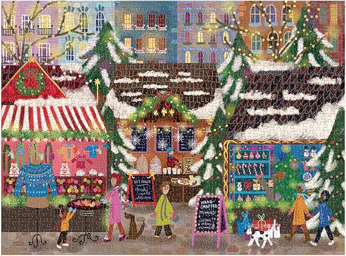 Galison Merry Market – 1000 Piece Foil Joy Laforme Jigsaw Puzzle Featuring Merry and Festive Outdoor Market for The Holidays with Gold Foil Accents