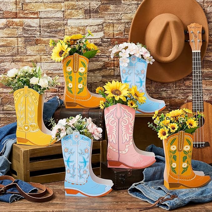 12 Set Boho Western Boots Flower Boxes Centerpiece Boot Shape Gift Boxes Party Decoration Vase Centerpieces for Tables Boots Rodeo Birthday Baby Shower Supplies(Cute Cowboy)