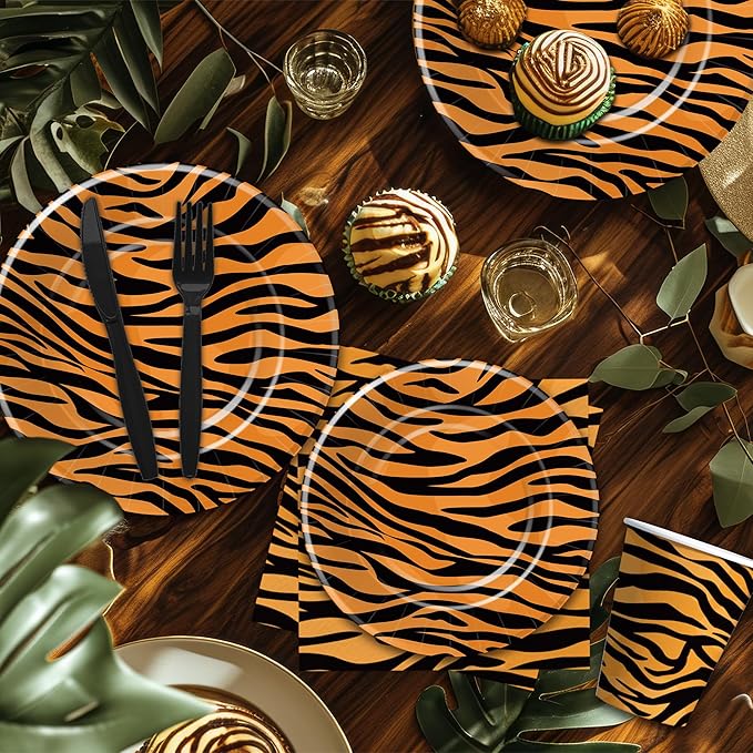Tiger Print Birthday Plates And Napkins Party Supplies, Safari Jungle Animal Tiger Texture Print Party Decorations Tableware, Plate, Cup, Napkin, Fork | Serves 24
