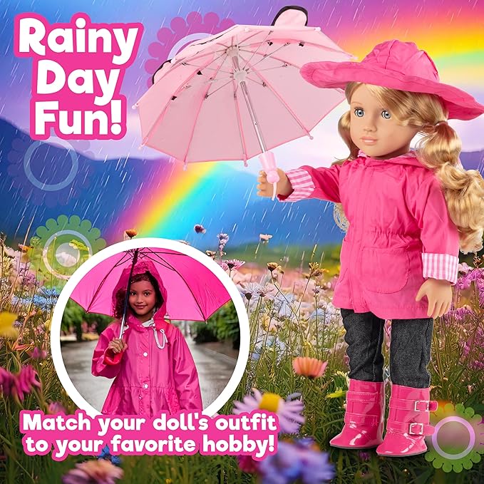 6pc Spring Rainy Day 18" Doll Outfit- Compatible with American Girl- Premium Clothes & Accessories Set Includes Raincoat, Working Umbrella, Rain Boots, Hat, Pants & Shirt- Easter Basket Stuffer