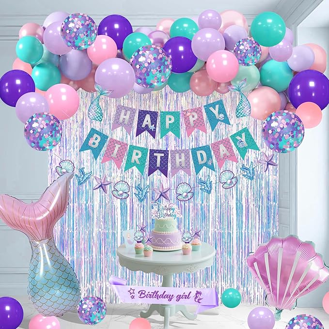 Mermaid Birthday Decorations for Girls,Fringe Curtains Happy Birthday Banner,Red balloons,Cake Toppers for women